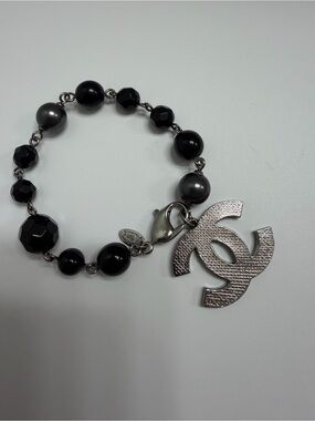 CHANEL Black and Gunmetal Bead CC Charm Bracelet